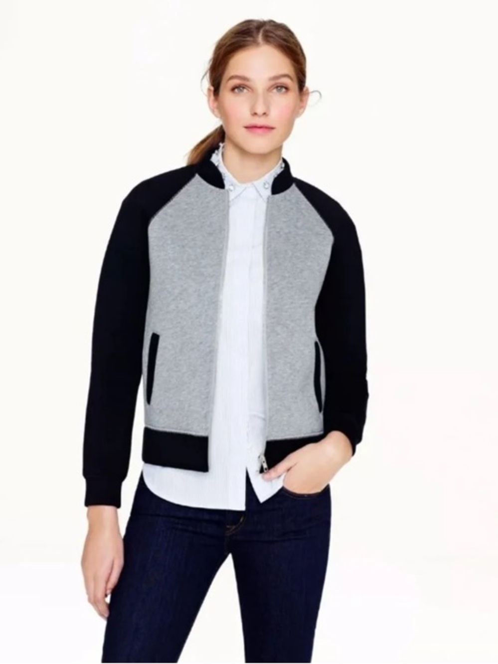 Like New J. Crew Black and Gray Bomber Jacket, Size Medium